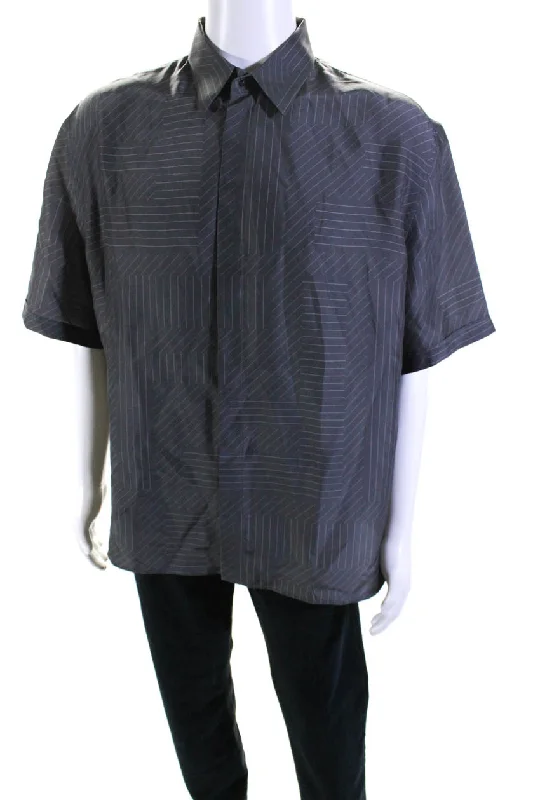 Closeout Fendi Mens Silk FF Shadow Pinstripe Short Sleeve Button Up Shirt Gray