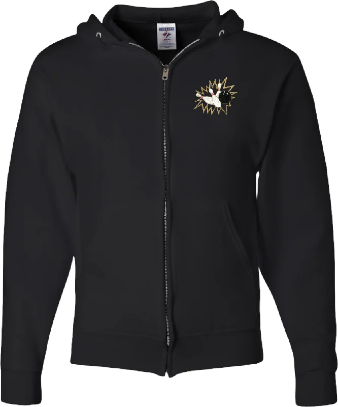 Extra Savings Bowling Full Zip Hoodie Pins Crashing Patch Pocket Print